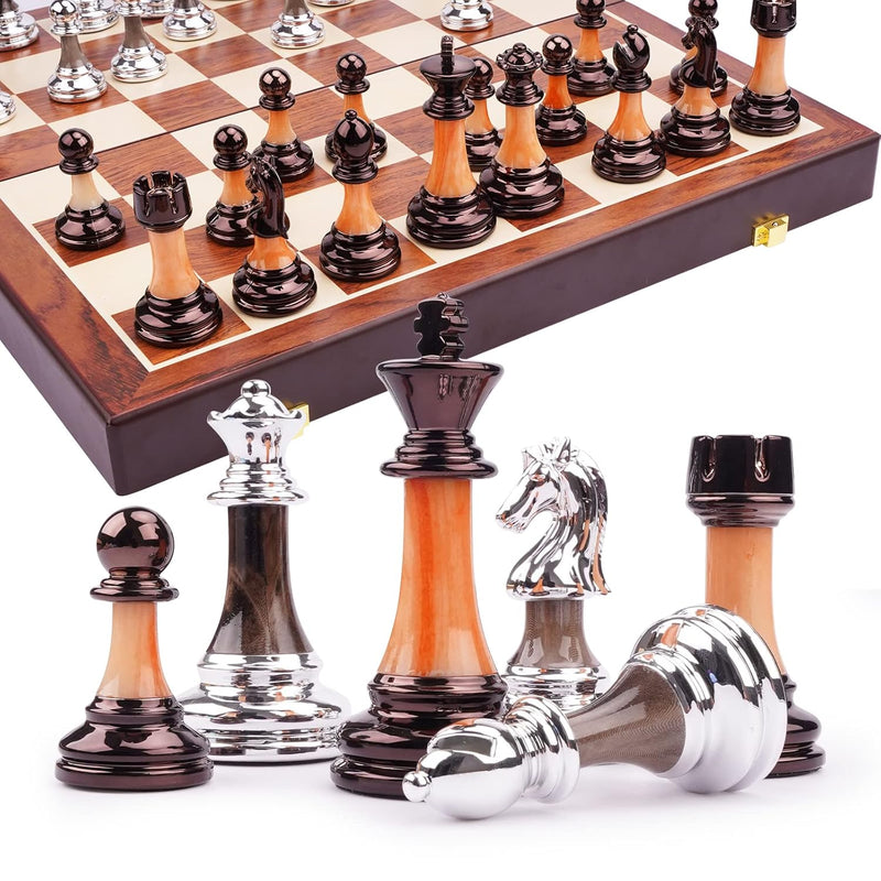 15" Metal Chess Sets For Adults Kids With Zinc Alloy + Acrylic Chess Pieces &