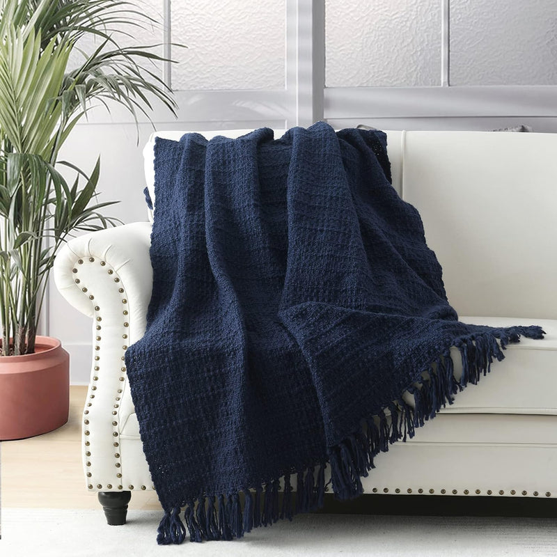 Chunky Knit Throw Blanket, Navy Soft Warm Cozy Bed Oversized Throw Blanket Wit