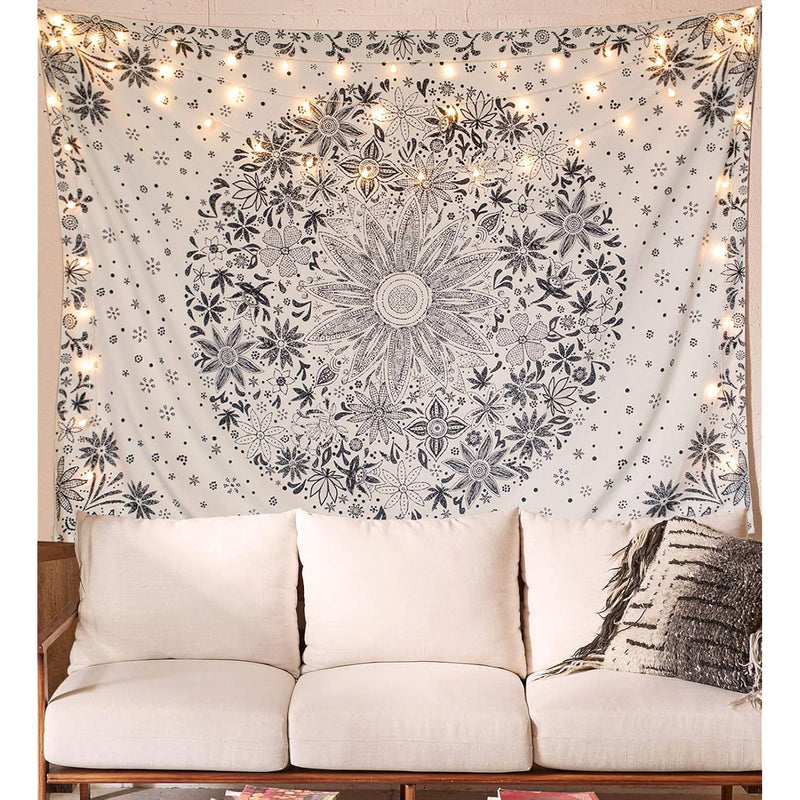 Bohemian Tapestry Wall Hanging, Beige White Floral Tapestry With Dotted Daisy