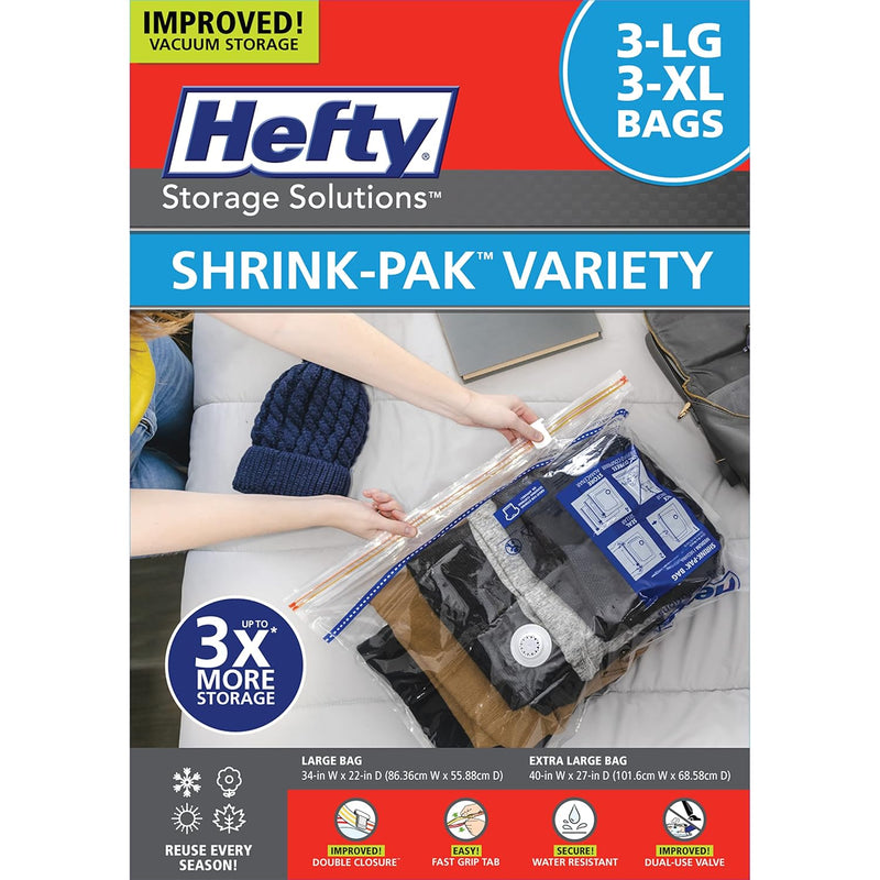 Shrink-Pak - 3 Large, 3 Xl Vacuum Storage Bags For Storage For Clothes, Pillows,