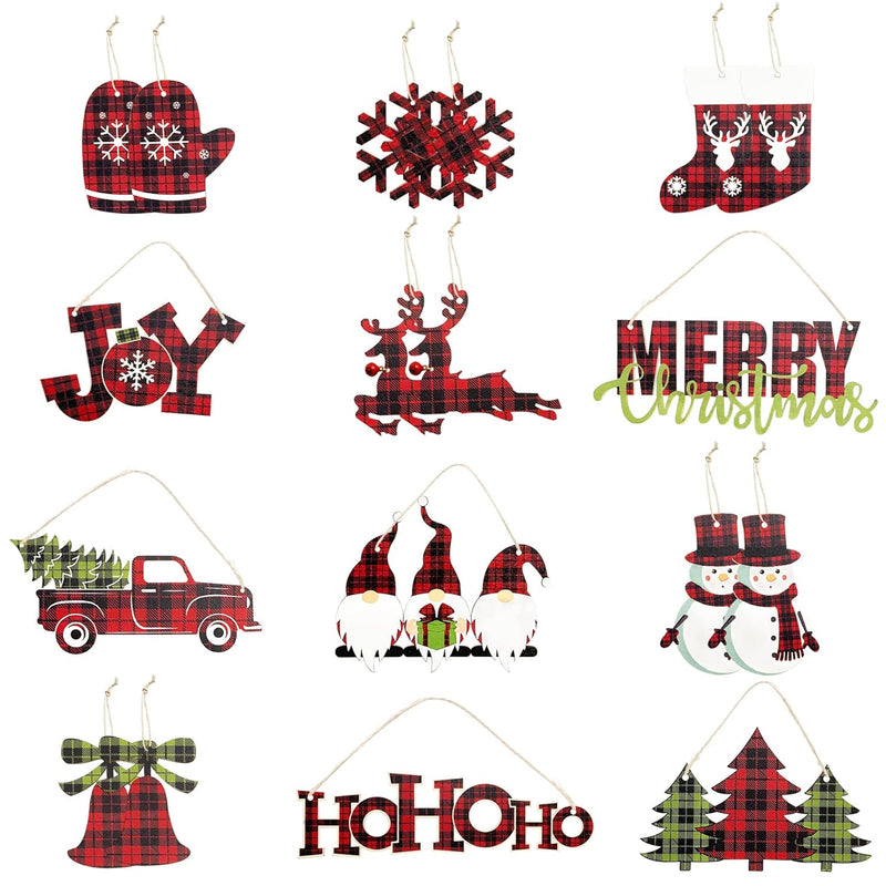 18Pcs Christmas Tree Ornaments Buffalo Plaid Merry Christmas Hohoho Joy Sign W