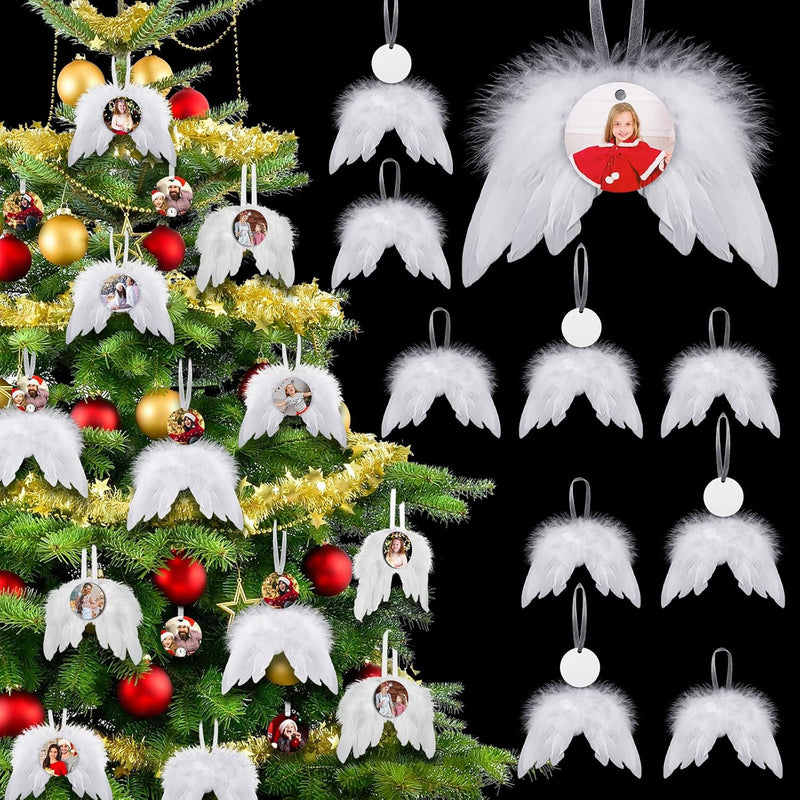 Christmas White Angel Wings Ornament Feather Hanging Decor With Round Sublimat