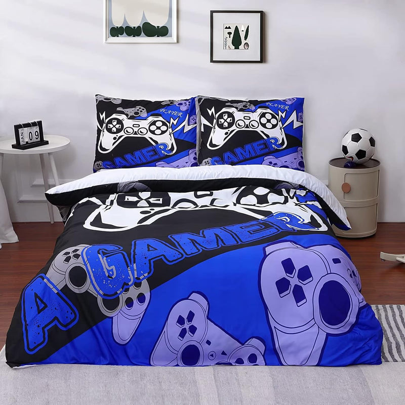 Boys Gamer Duvet Cover Set, 3 Pieces Full Game Contoller Bedding Sets With 1 D