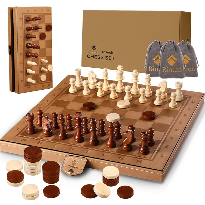 Chess Set Board For Kids & Adults, 12" Leather Travel Magnetic Chess & Chec