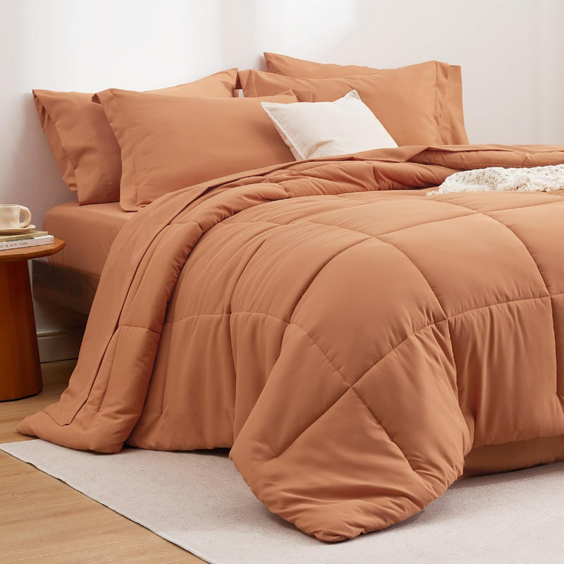 Burnt Orange Full Size Comforter Set - 7 Pieces Solid Full Bed In A Bag, Full