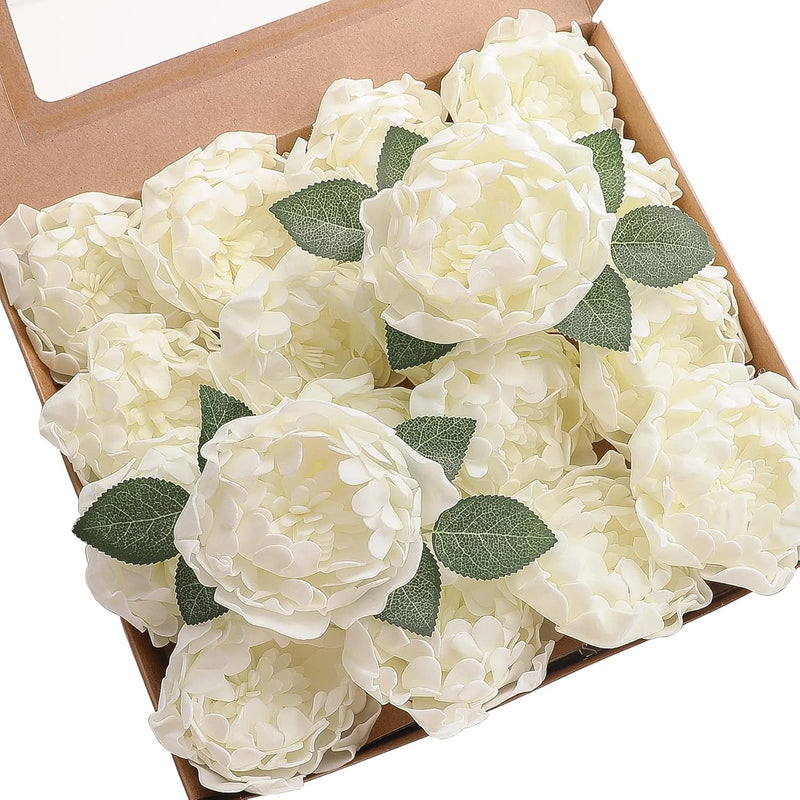 Artificial Flowers 16Pcs 4" Ivory Blooming Peonies Real Looking Foam Fake Rose