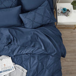 King Size Comforter Set - Bedding Set King 7 Pieces, Pintuck Bed In A Bag Navy Blue Bed Set With Comforter, Sheets, Pillowcases & Shams