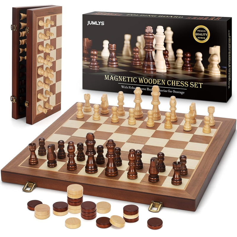 2 In 1 Magnetic Chess Set & Checkers Board Game, 15" Wooden Folding Chess B