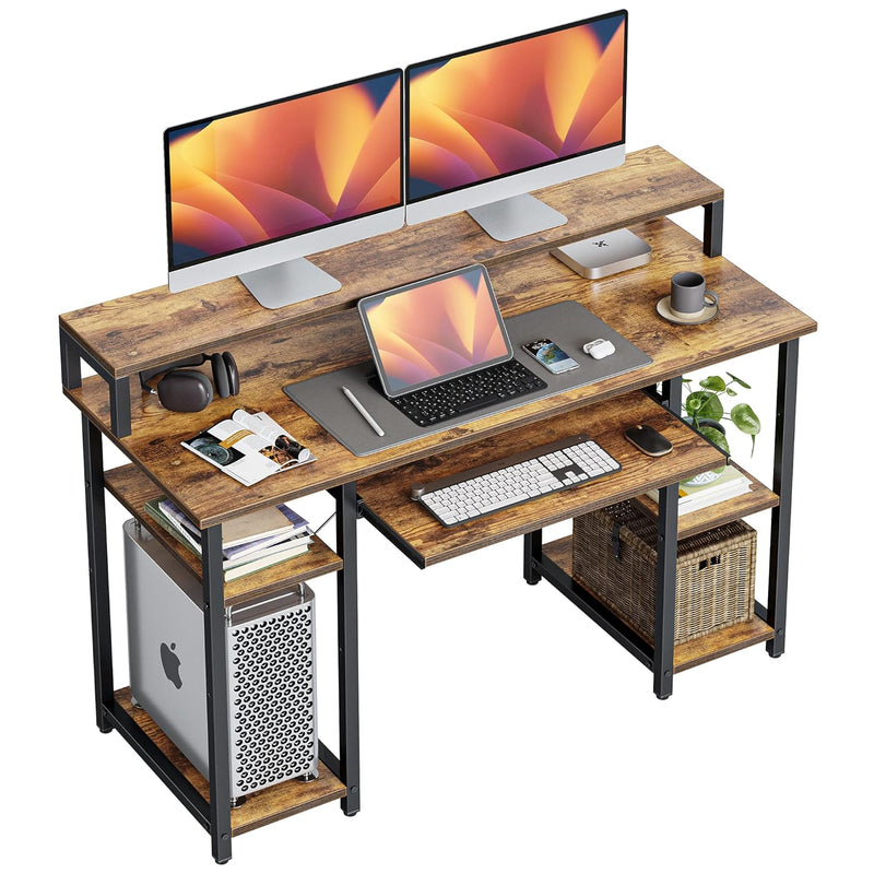 47 Inch Computer Desk With Storage Shelves Monitor Stand Keyboard Tray, Home O