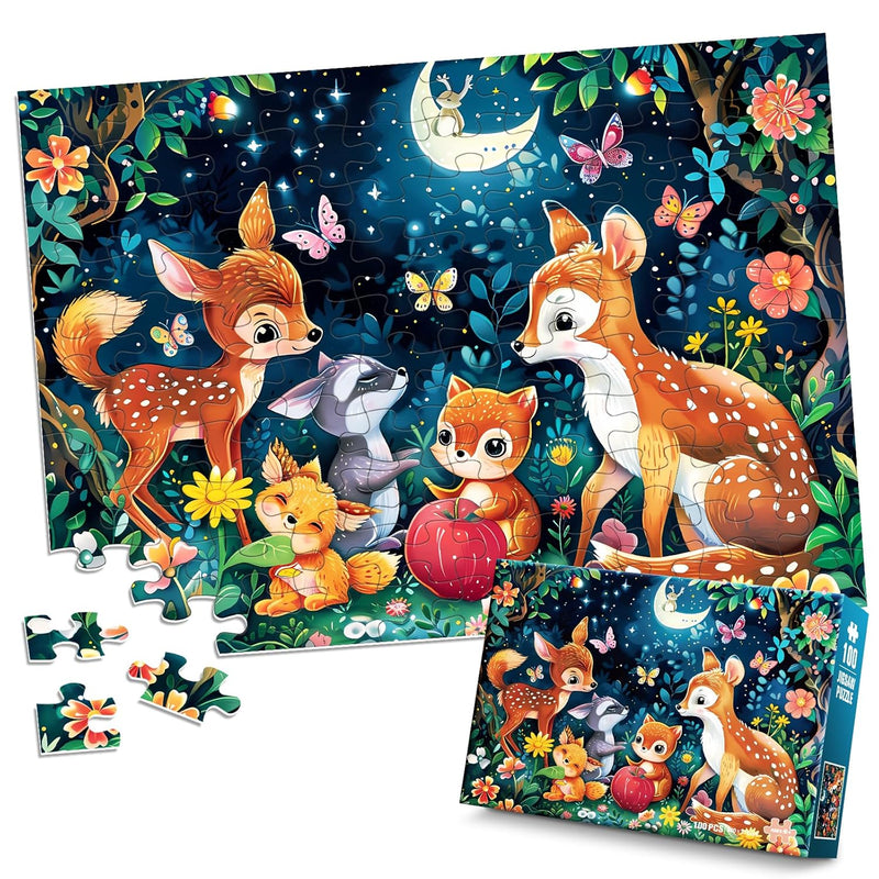 Puzzles For Kids Ages 4 8 Cute Deer Party In Forest Night 100 Piece Jigsaw