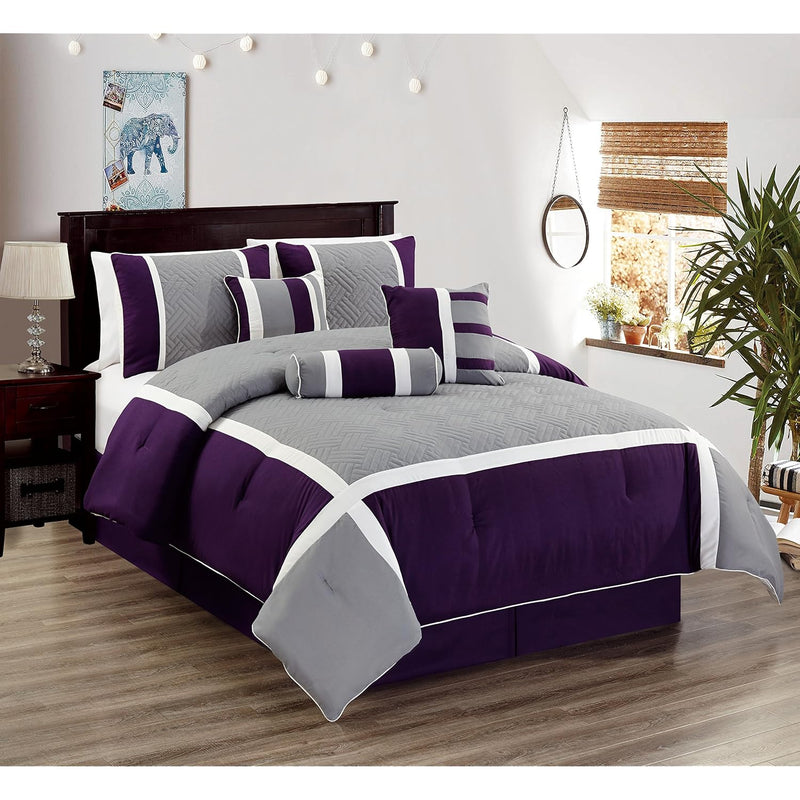 New 7 Piece Embroidered Over-Sized Comforter Set (Queen, Purple/Grey)