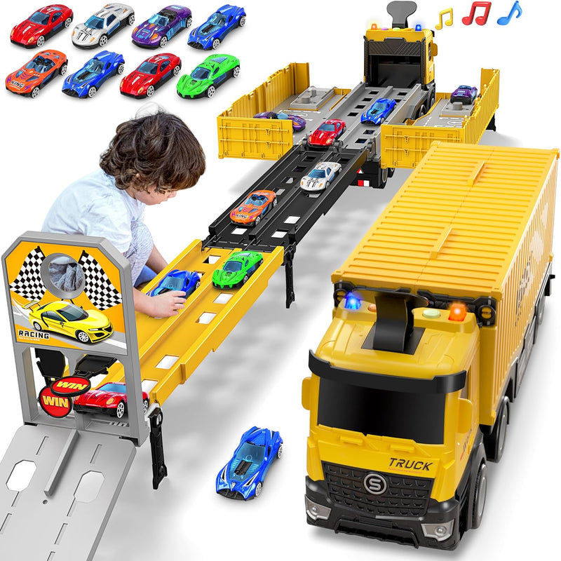 Carrier Truck Race Track Kids Toys, Foldable 3 Layer Car Race Track Playset
