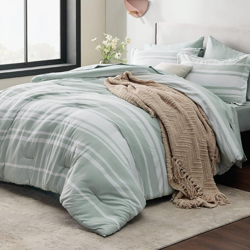 Bed In A Bag Full Size 7 Pieces, Sage Green White Striped Bedding Comforter Se