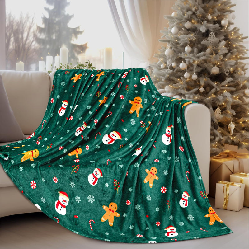 Christmas Gingerbread Throw Blanket | Green Holiday Christmas Fleece Blanket |