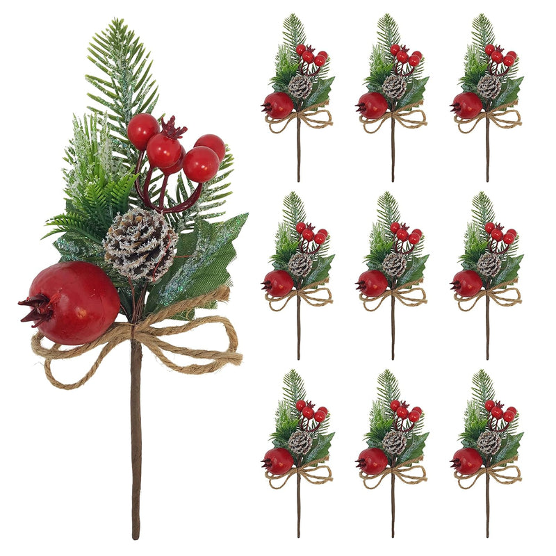 Christmas Decorative Floral Picks - S/10 - Flocked Pinecone Red Berry Apple Pi
