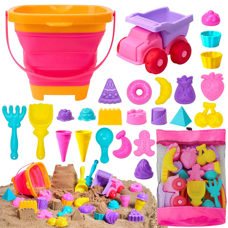 Sloosh Beach Sand Toys Set - Pink Dump Truck Car Toys with Sand Molds Toddl