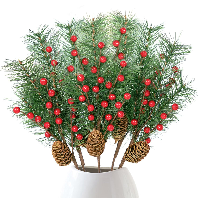 6 Pack Christmas Red Berries Pine Picks,10.5 Inches Artificial Pine Cone Holly