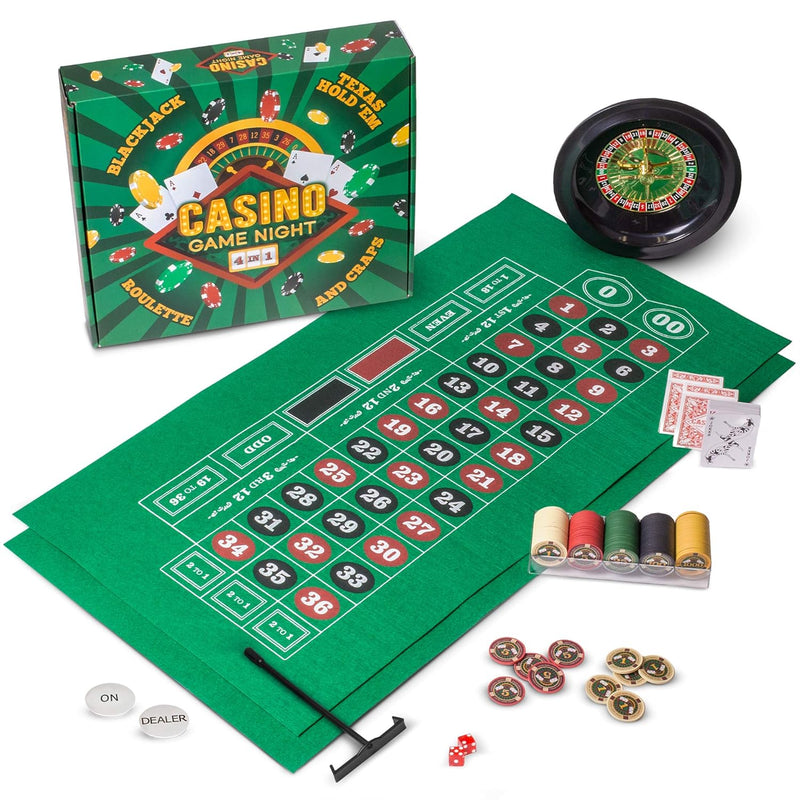 Brybelly Casino Night 4-in-1 Complete Game Set with Felts, Wheel, 100 Chips