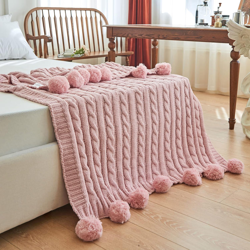 Chenille Chunky Knitted Throw Blanket With 14 Pcs Pom Poms Tassel Super Soft C