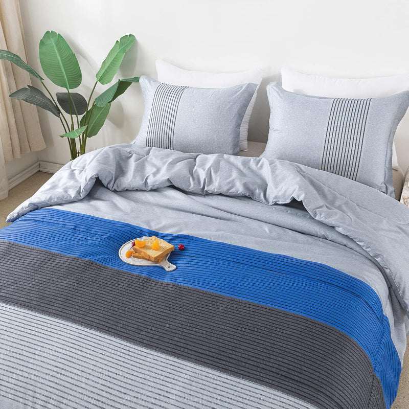 Bed Comforter Queen Set Grey Blue, Striped Bedding Comforter Set, 3 Pieces Lig