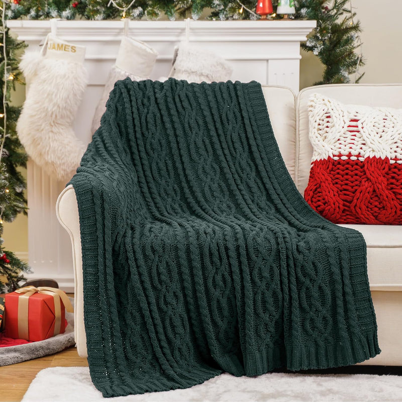 Christmas Dark Green Throw Blanket For Couch, Woven Chenille Knit Throw Blanke