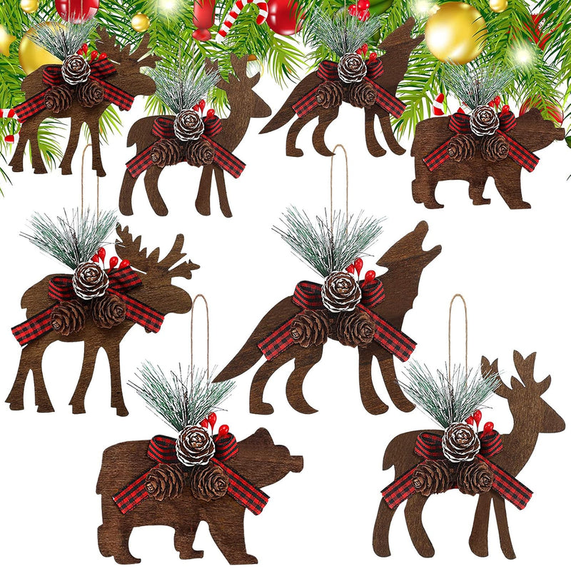 8 Pcs Christmas Ornaments Buffalo Plaid Bow Ornaments Xmas Tree Wooden Reindee