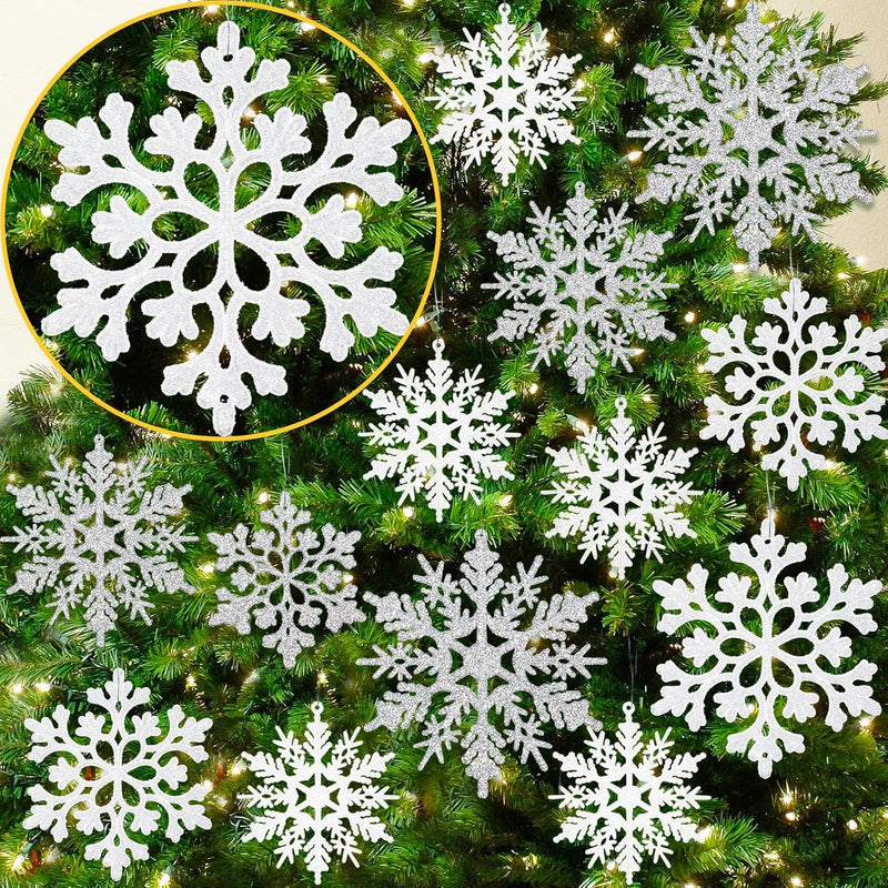 White And Silver Christmas Snowflake Ornaments- 36Pcs Plastic Glitter Hanging