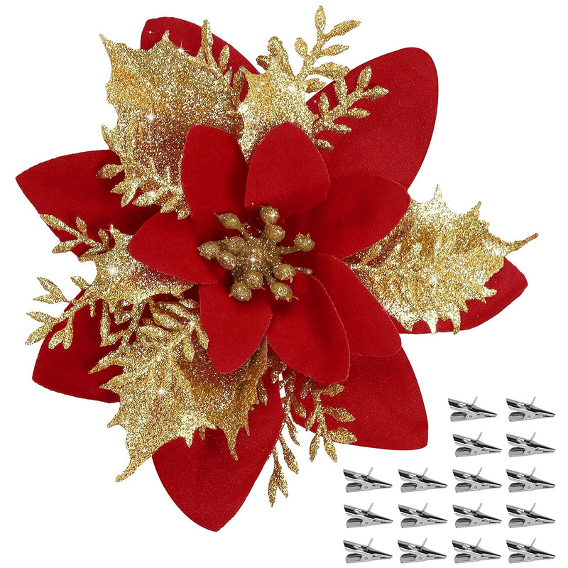 16 Pcs Poinsettia Flower Artificial Poinsettia Christmas Decorations Glitter P