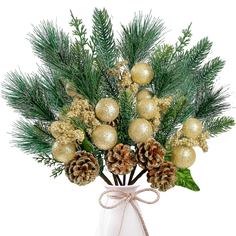 6 Pack Artificial Christmas Glittery Picks Faux Berries Pine Stems Red Berry P