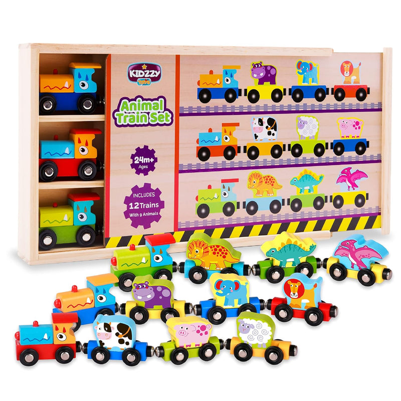 Wooden Trains Set (21 Pcs) With 3 Dinosaurs 3 Farm 3 Zoo Animals With Box And