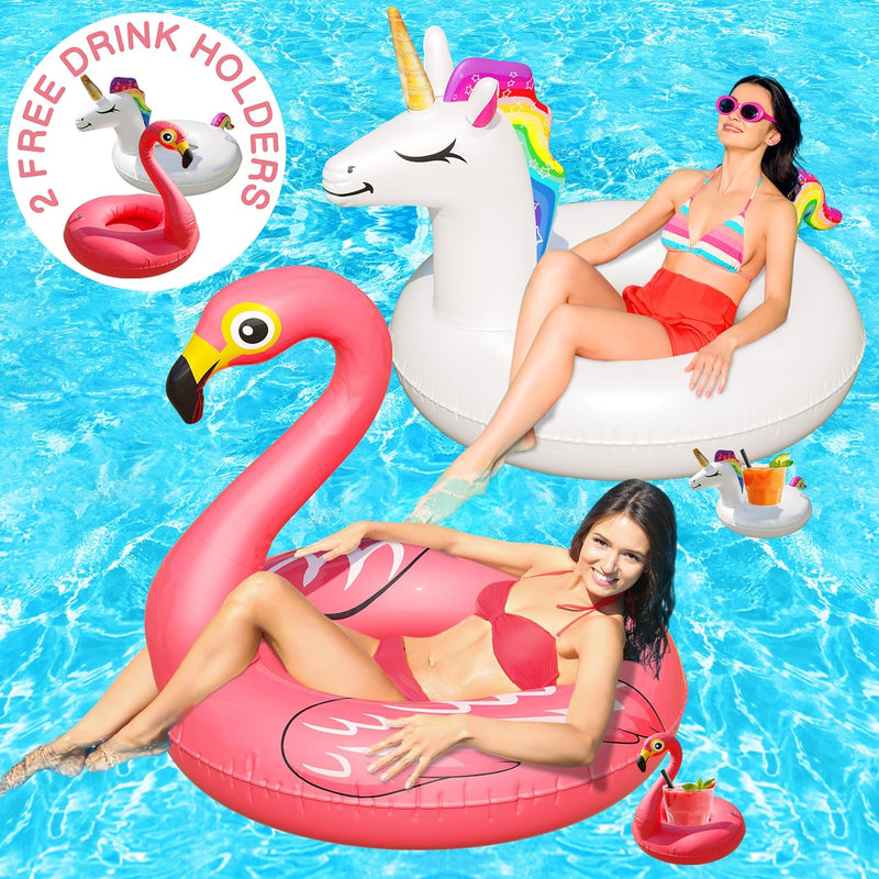 Unicorn And Flamingo Pool Floats 2 Pack With 2 Drink Holders, Large Flaming