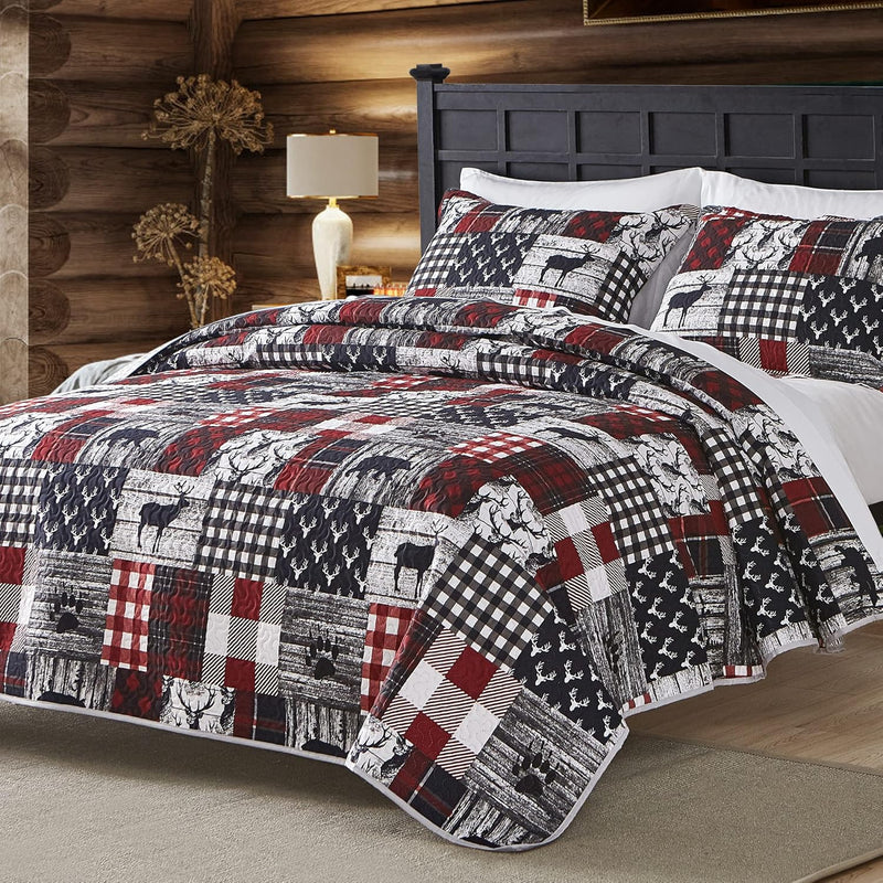 Cabin Quilt Sets King, Christmas Patchwork Rustic Lodge Deer Quilt Bedding Set