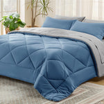 Blue Comforter Set Queen - 7 Pieces Reversible Blue Bed In A Bag With Comforters, Sheets, Pillowcases & Shams, Queen Blue Bed Set