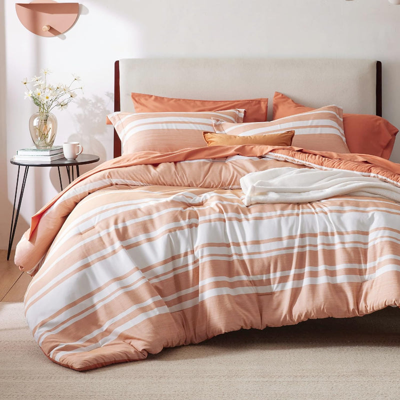 Bed In A Bag King Size 7 Pieces, Burnt Orange White Striped Bedding Comforter