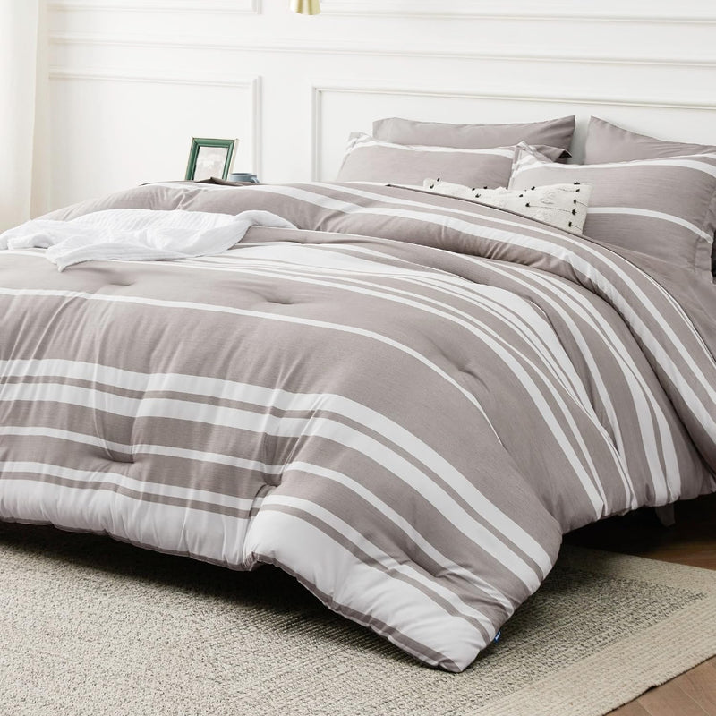 Bed In A Bag Twin Size 5 Pieces, Warm Taupe White Striped Bedding Comforter Se