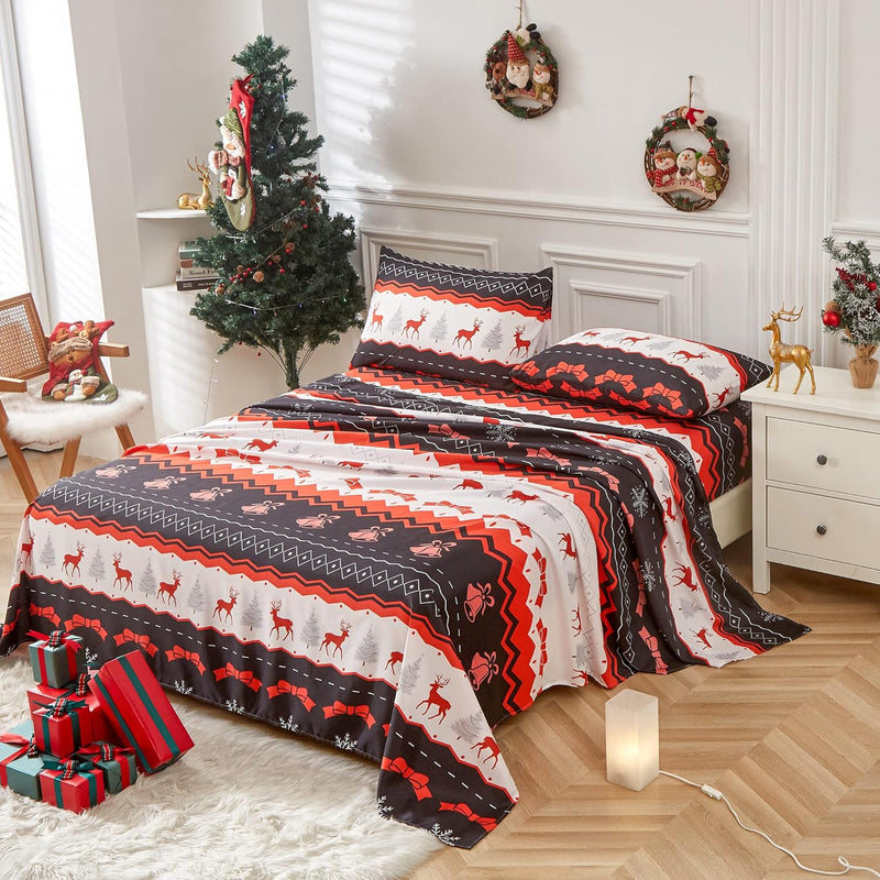 Christmas Black Bed Sheet Set Twin Size 16-Inch Deep Pockets - Reindeers/Bells