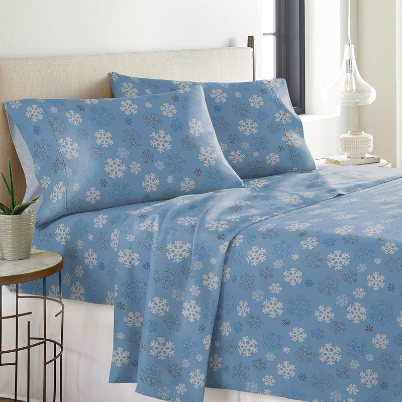 Heavy Weight Flannel Cotton Sheet Set, Queen, Snow Flakes