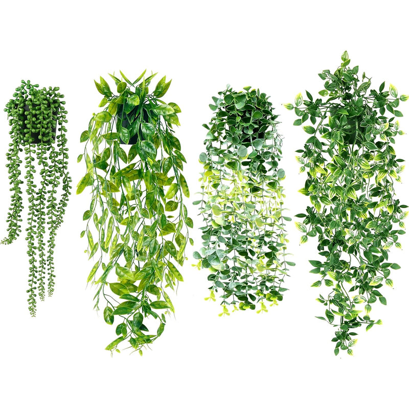 Artificial Hanging Plants For Shelf, 4 Pack Fake Potted Greenery Faux Eucalypt