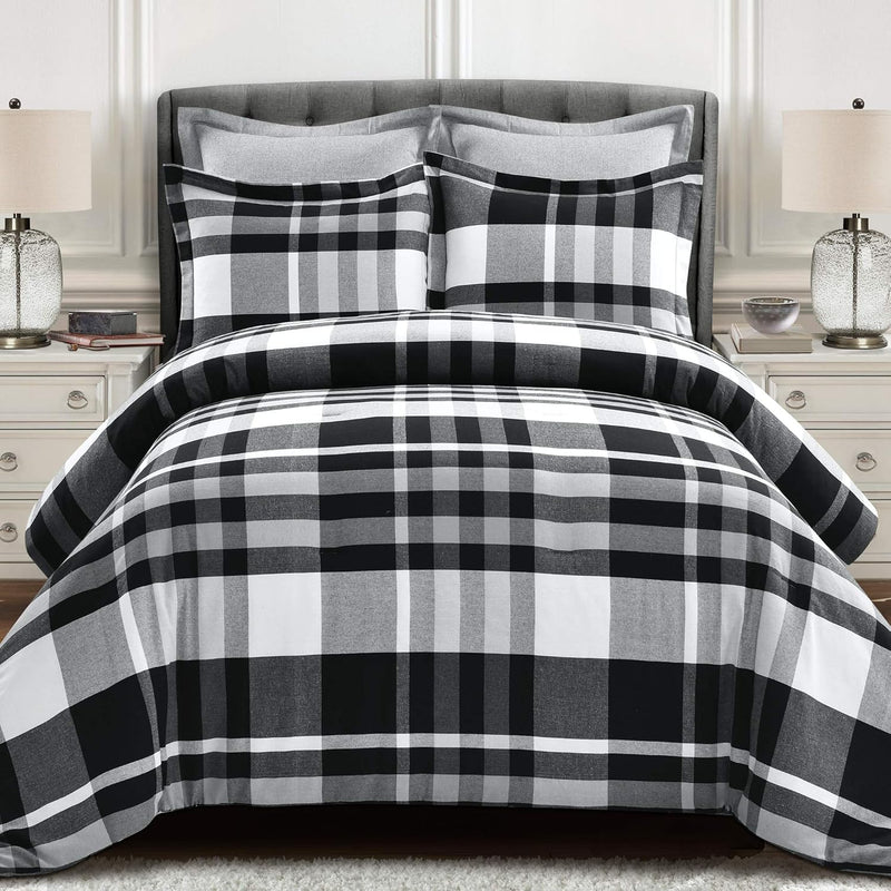 Gray And White Farmhouse Recycled Yarn-Dyed Cotton Plaid 5-Piece Comforter Set