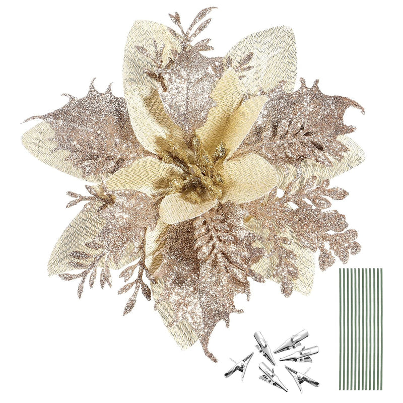 Christmas Poinsettia Flowers, 12Pcs Artificial Poinsettia Flowers Glitter Cham