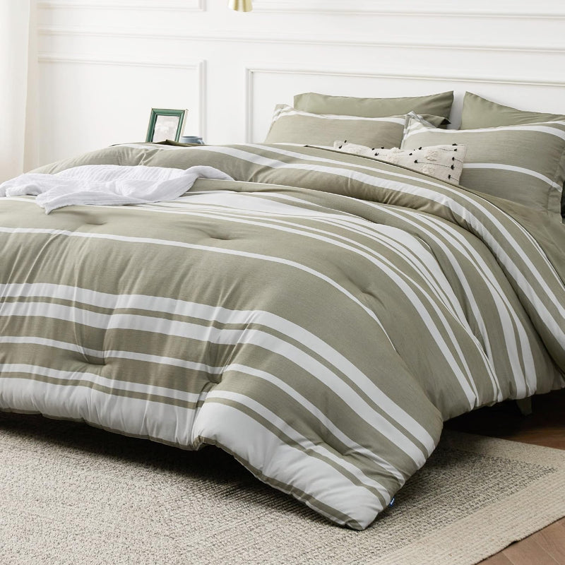 Bed In A Bag King 7 Pieces, Olive Green White Striped Bedding Comforter Sets A