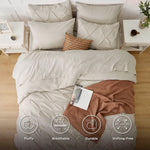 King Size Comforter Set - Bedding Set King 7 Pieces, Pintuck Bed In A Bag Beige Bed Set With Comforter, Sheets, Pillowcases & Shams