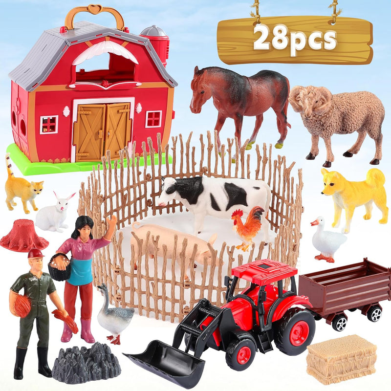 Red Barn Farm Animals Toys, 28Pcs Animals Figures And Farm Tractor Playset,