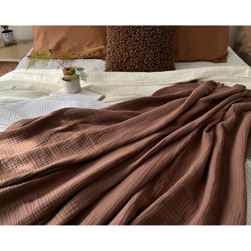 100% Organic Cotton Muslin Throw Blanket For Couch Adult, Travel, 4-Layer Pre-