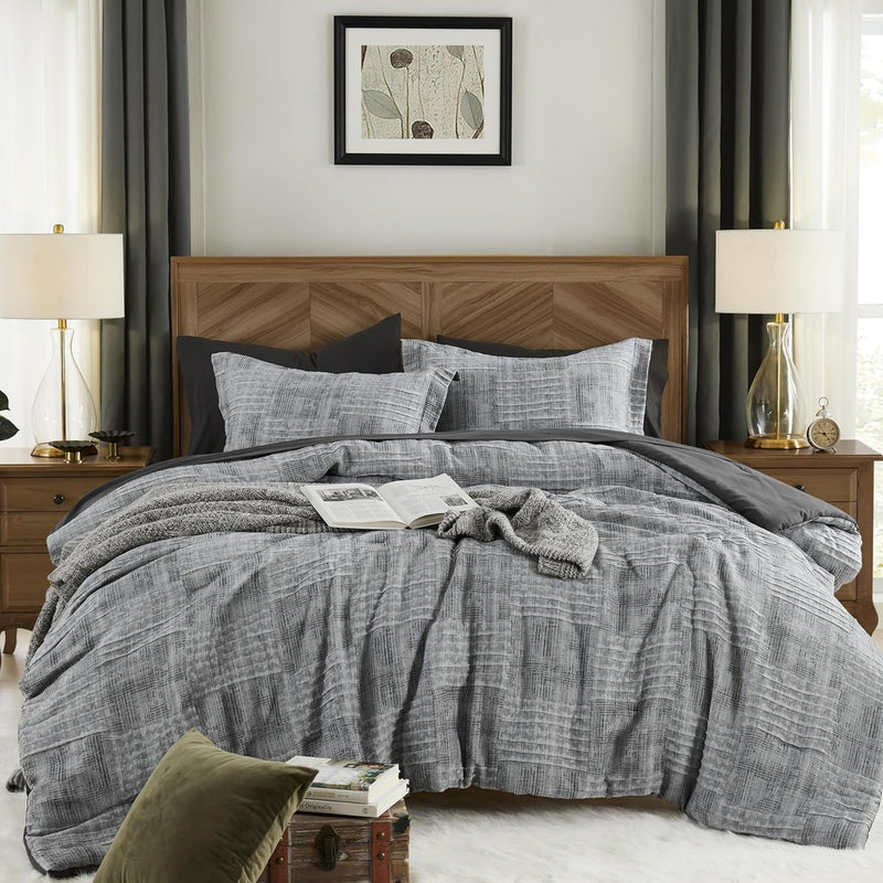 Charcoal Grey Full Comforter Set, Textured Design Grey Crinkle Bed In A Bag Fu