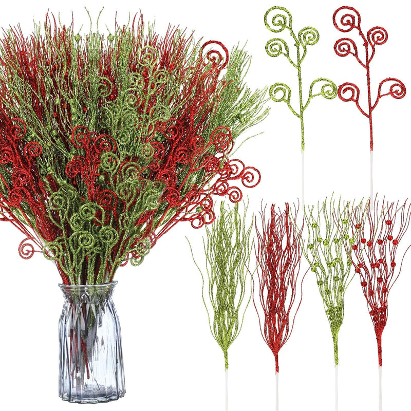 48 Pcs Christmas 17'' 12'' Red Green Artificial Glitter Curly Berry Stems Orna