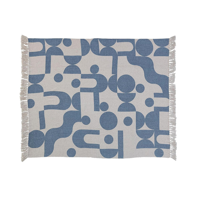 Woven Reclaimed Cotton Blend Printed Sheet With Abstract Design And Fringe, Bl