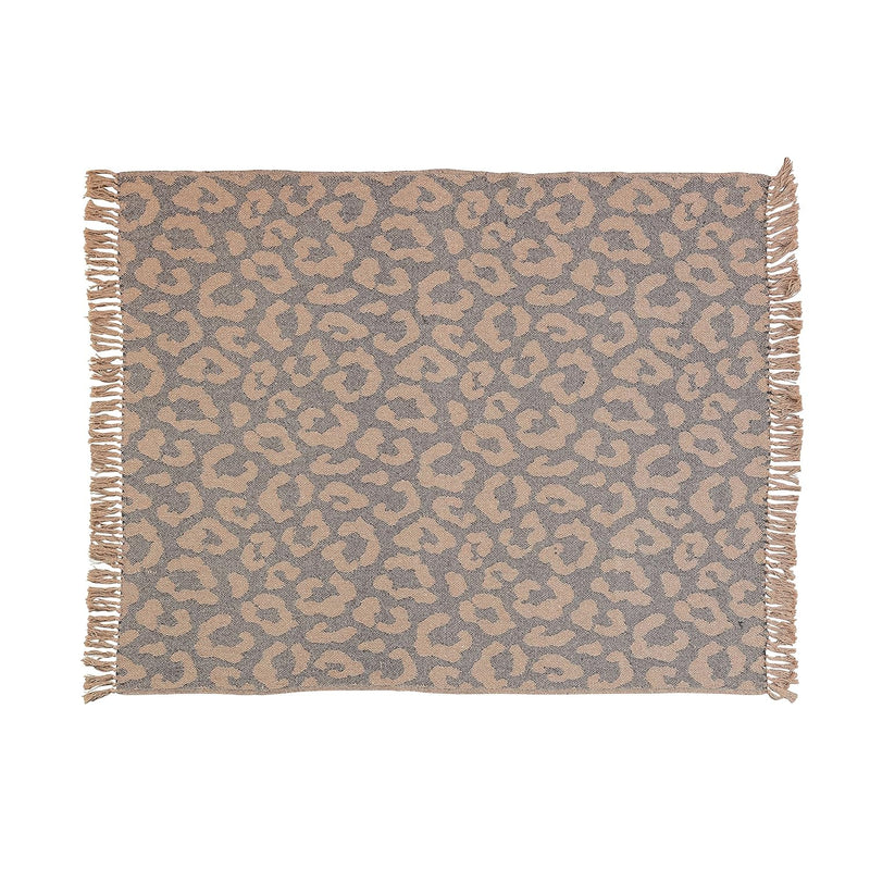 Woven Recycled Cotton Blend Leopard Print Fringe, Black And Tan Throw Blanket