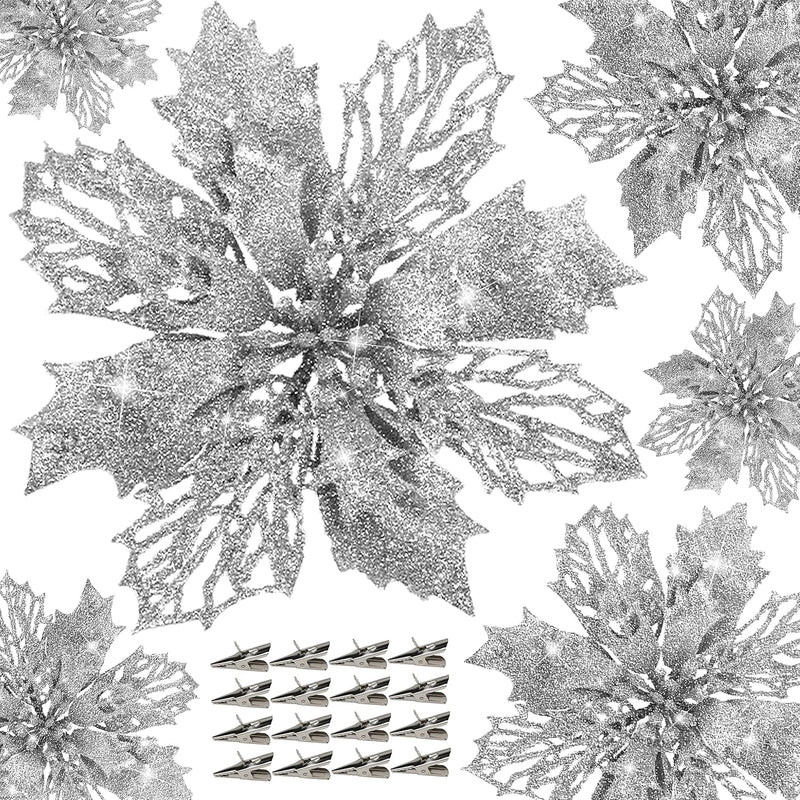 14 Pcs Poinsettia Flower Artificial Poinsettia With Clips Christmas Decor Glit