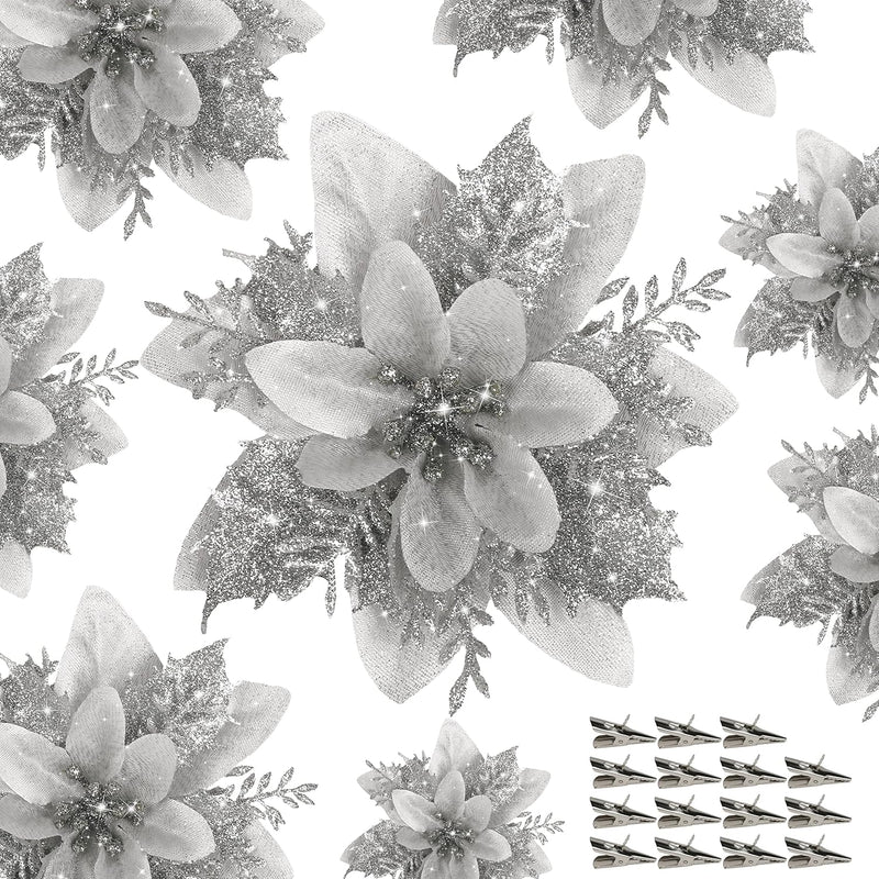 15 Pcs Silver Poinsettia Flower Artificial Poinsettia With Clips Christmas Dec